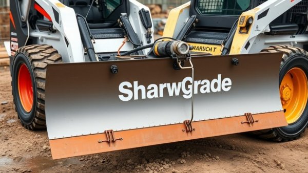 SharpGrade grader blade attachments on skid steer in construction setting.