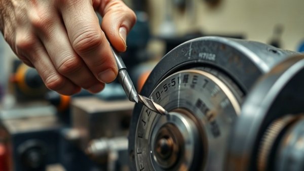 Hand sharpening drill bit using bench grinder in workshop