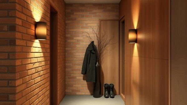 Warm hallway in modernist ski house with brick and wood textures.