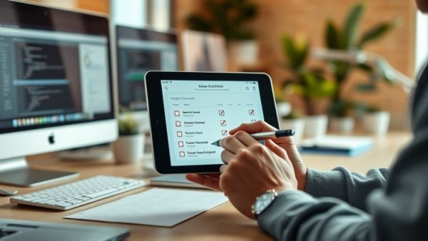Rated People's Quote Checker: Digital checklist on tablet in modern workspace.