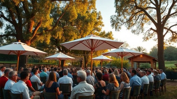 Barbecue University 2026 event setup under umbrellas in a tree-filled outdoor venue.