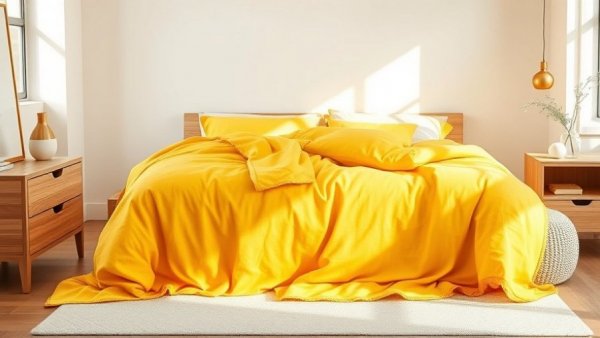 Sunny decor transforms winter bedroom with yellow accents and wooden furniture.