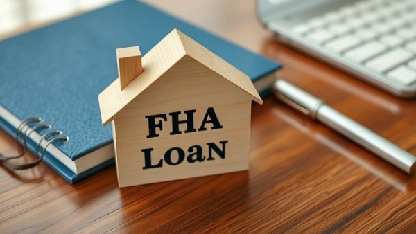 Wooden FHA Loan cutout on desk with notebook and pen; FHA loan requirements theme.