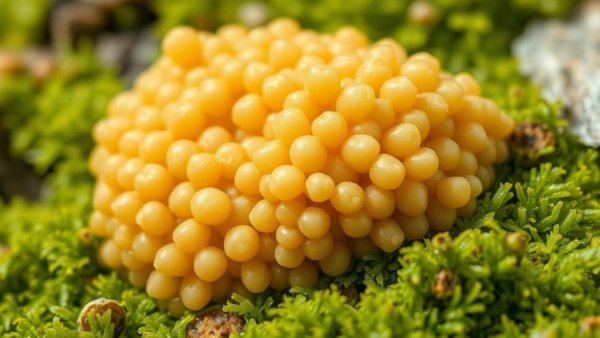 Dog vomit slime mold growing on moss, showcasing intricate textures and vibrant colors.