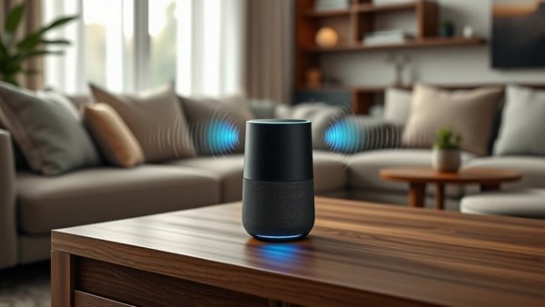 Smart speaker highlighting home security vulnerabilities in a modern setting.