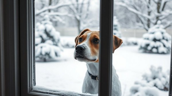 Dog watching snowy yard for winter yard preparation tips.