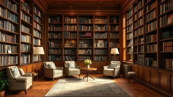Villa Rezek Restoration: Elegant library with vintage decor.