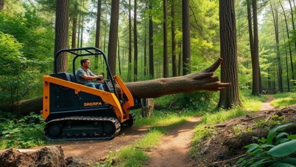 Sherpa mini track loader lifting tree in forest with operator