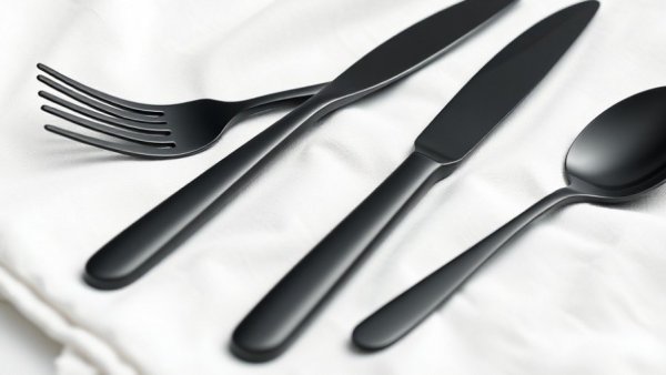 Stylish matte black bistrot flatware set on white cloth.