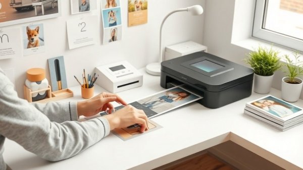 Digitizing old photos with a scanner in a bright, organized station.