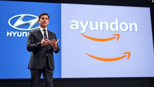 Business professionals announce partnership between Hyundai and Amazon on stage.