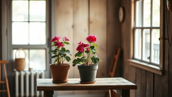 Peaceful room with geraniums on a table in natural light.