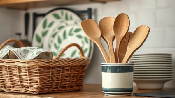 Rattan basket on marble countertop for kitchen organization.