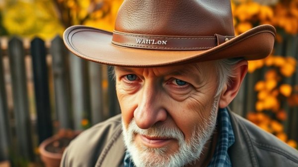 Leather outback hat worn for outdoor work in a garden setting.