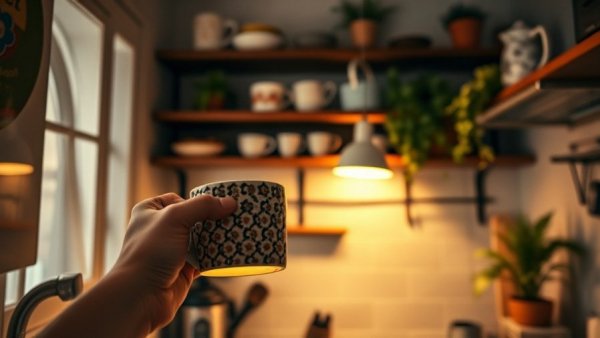 Cozy kitchen nook with cordless lamp and patterned mug.
