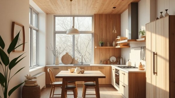 2026 home design trends in a cozy modern kitchen with natural elements.