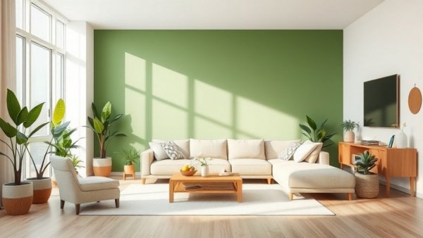 Elegant living room with modern minimalist wall decor ideas, featuring a green accent wall and neutral furniture.