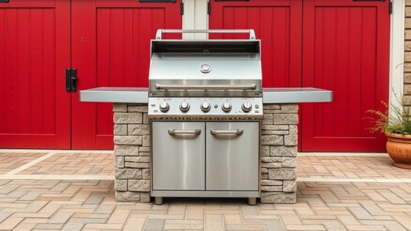 Monument Mesa II Grill near red barn doors, ready for installation.