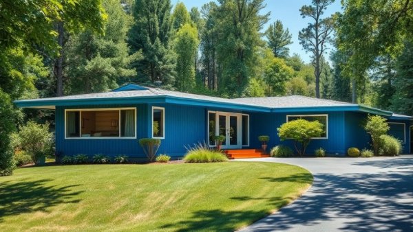Blue mid-century modern home unflipping, surrounded by lush trees.