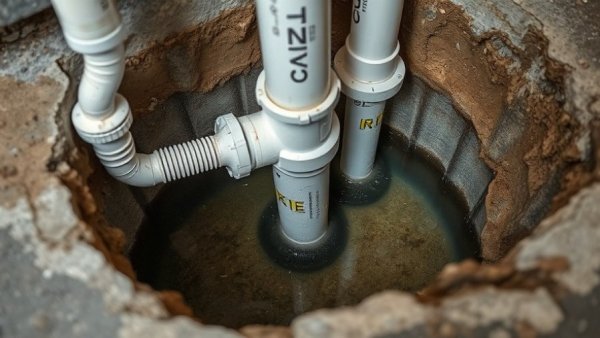 Close-up of sump pump installation with PVC pipes and water in concrete pit.