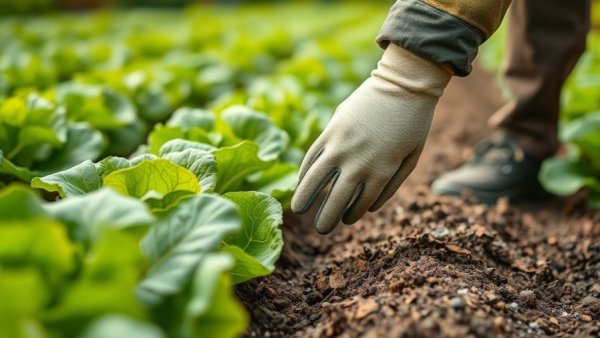 Gardener applying fireplace ash between lettuce rows for soil enrichment.