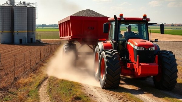 New Farmall tractors on farm path unloading gravel on sunny day.