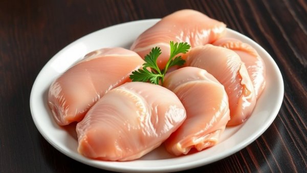 Raw skinless boneless chicken breasts with parsley garnish.