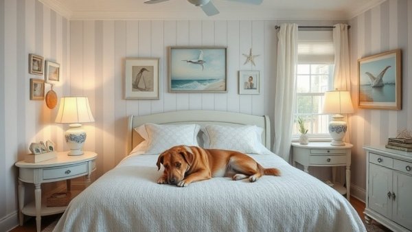Coastal themed bedroom makeover with elegant decor and cozy ambiance.