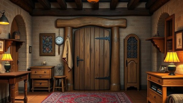 Rustic wooden door in warm, medieval-style room interior.