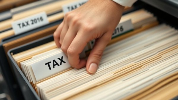 Hand selecting tax documents from organized office folders.