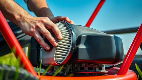 Lawn mower maintenance, adjusting air filter, bright sunlight