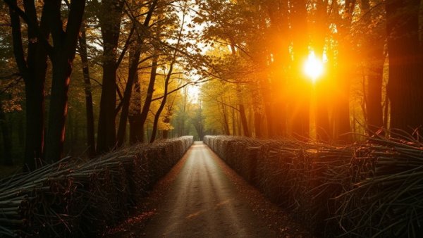 Path with dead hedges for wildlife in a sunlit forest, serene scene.