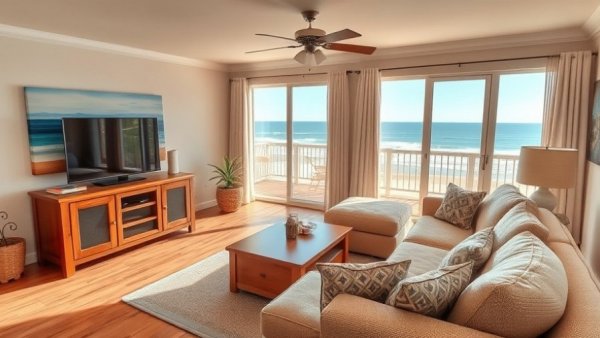 Coastal-themed living room in niche vacation rental platform listing.
