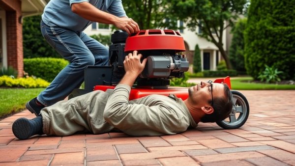 Man maintaining a lawn mower on a brick driveway.