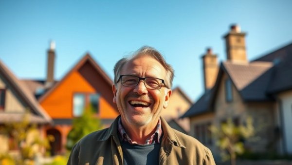 Cheerful man in front of houses illustrating ways to lower rental property expenses.