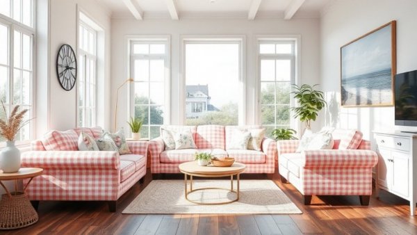 Coastal decor inspiration with bright living room, pink sofa.