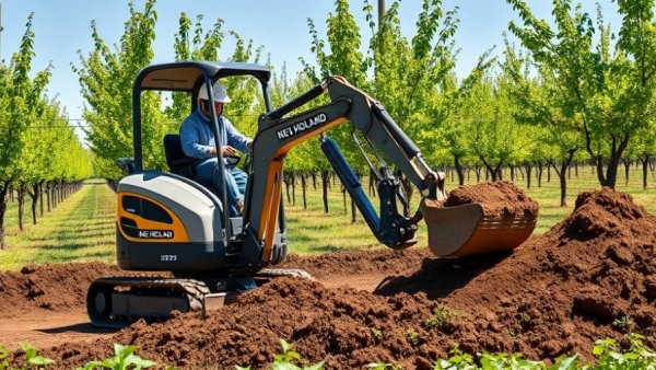 New Holland mini excavators in action at an orchard.