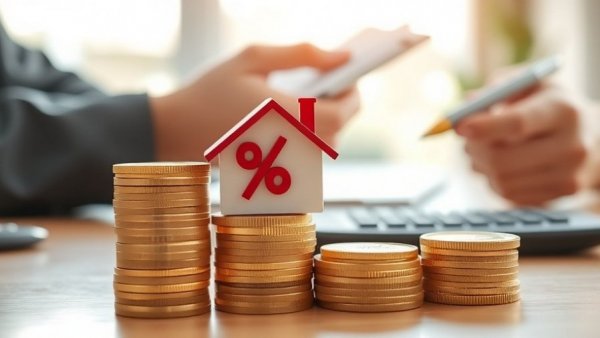 Coins, house model, and percentage sign for cash flowing properties investment.