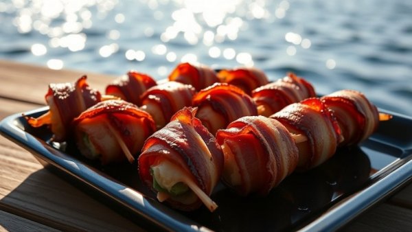 March Grilling Recipes: Delicious grilled bacon-wrapped bites by the lake.