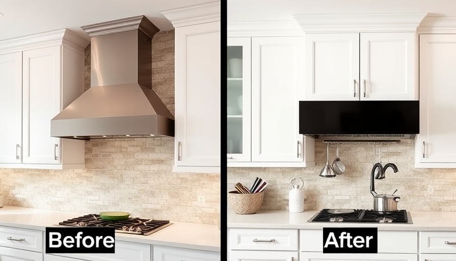 DIY custom range hood transformation in modern kitchen before and after.