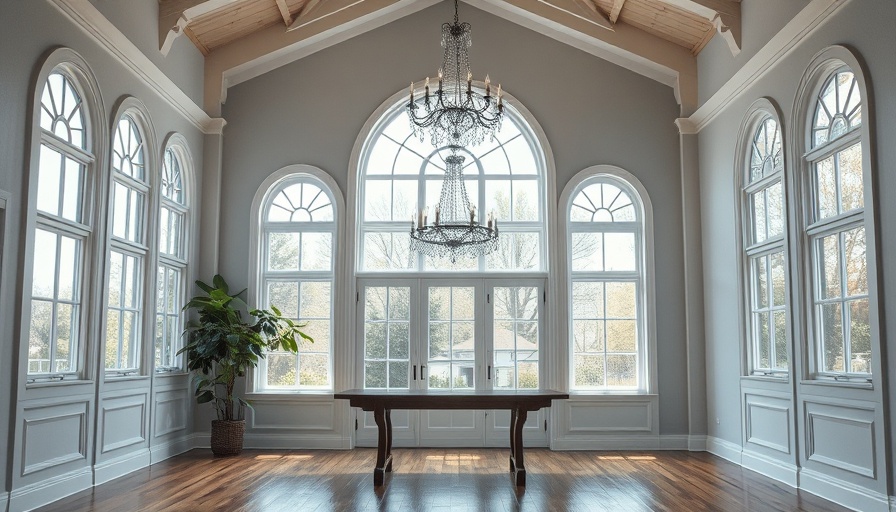 Room with custom window mullions, large windows, modern chandelier.