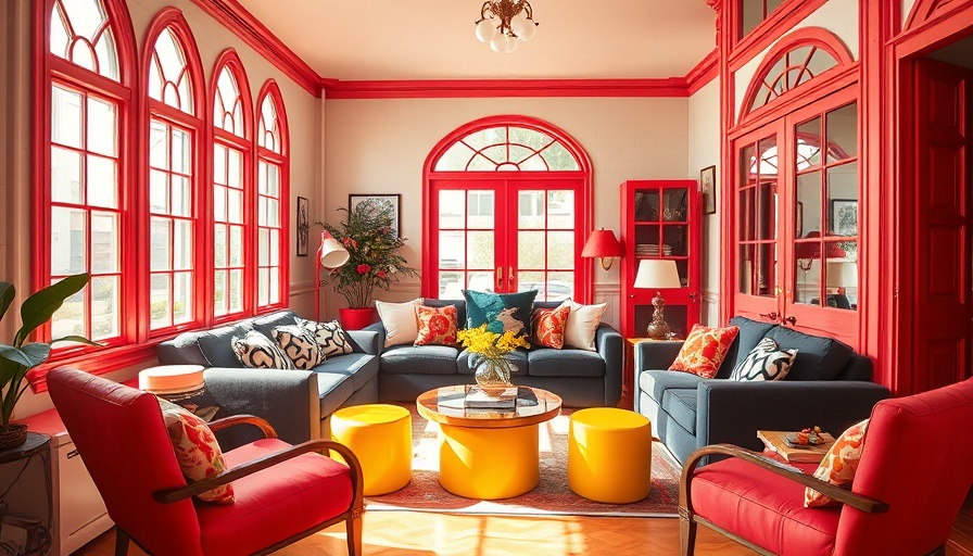 Beautiful examples of colored trim in vibrant living room.