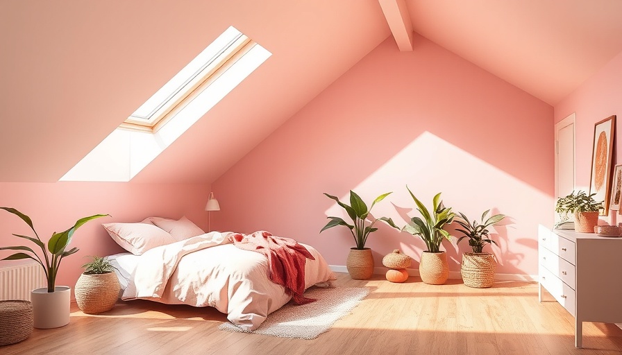 Loft bedroom ideas with pink accents and plants in natural light.