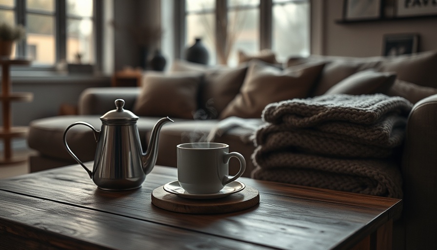 Cozy winter home decor with steaming tea and blankets.