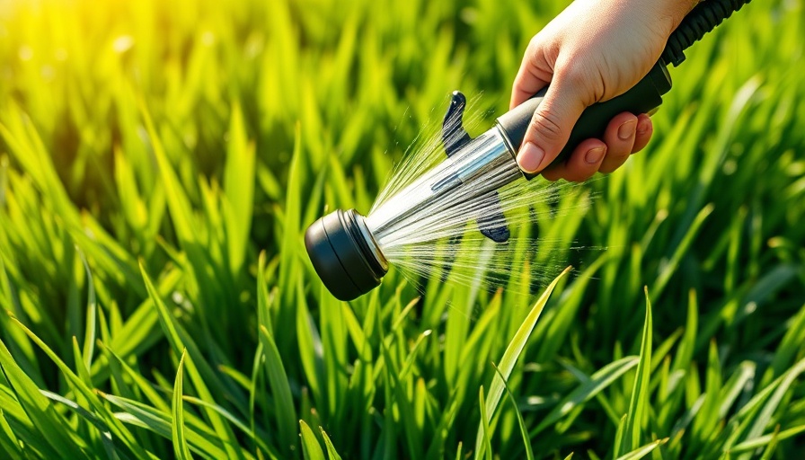 Hand watering lawn with garden hose, sunlight lawn care.