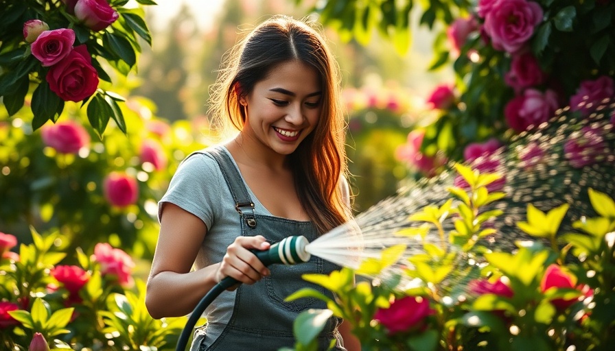 2025 Garden Trends: Woman watering plants in lush garden, bright sunlight.