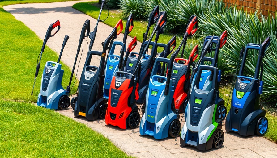 Range of colorful electric pressure washers lined up on a lawn.