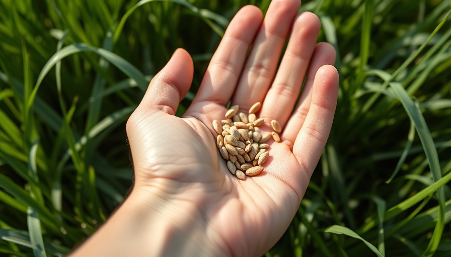 Close-up of hand holding grass seeds for homeowners amidst green grass.