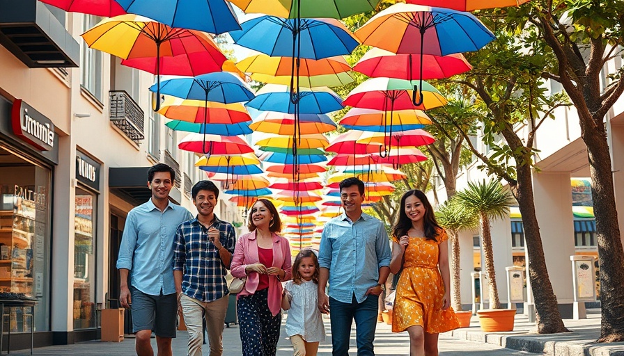 Family enjoying colorful umbrella art in Ocean Springs