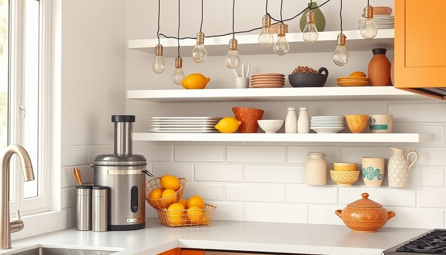 Modern kitchen with colorful cabinets and silver-tipped lightbulbs.